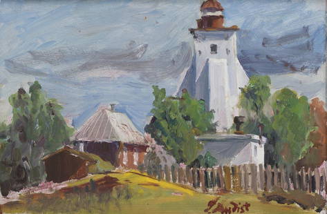 Peeter Mudist (1942 – 2013): Kõpu tuletorn. 1964–69. Õli. Papp. 35.5 x 54.8 cm. Käsitluslaadi, samuti tuletorni ümbruse järgi maalil võib teost dateerida Peeter Mudisti kunstiinstituudis