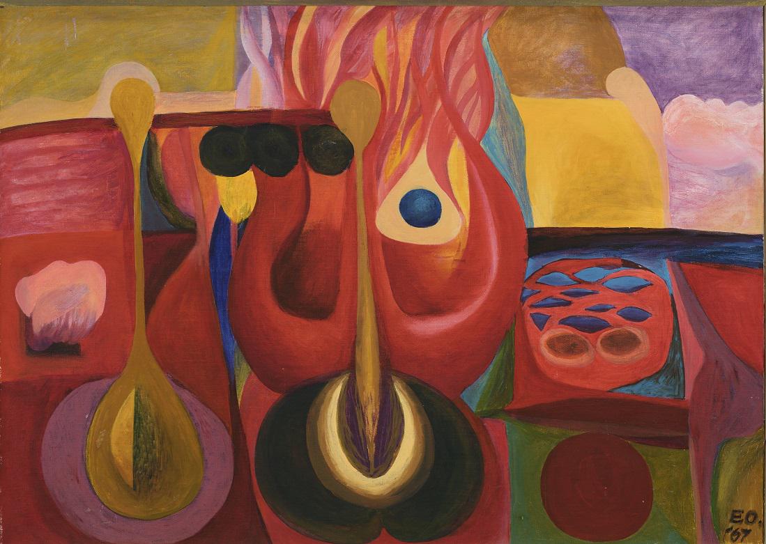Enno Ootsing (1940): Lõõm. 1967.a. Õli. Papp. 50 x 70 cm. Graafik, raamatukunstnik ja akvarellist ning hinnatud õppejõud Enno Ootsing kuulus kunstirühmitusse ANK ’64. Käesolev teos