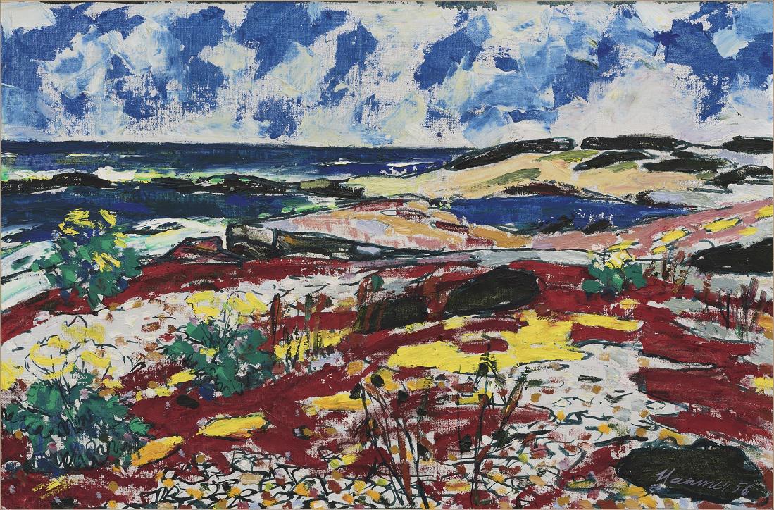 Eerik Haamer (1908 – 1994): Vaika maastik. 1956. Õli. Lõuend. 67 x 101.3 cm. 1930 astus Eerik Haamer Kõrgemasse Kunstikooli Pallas, kus oli viis aastat Nikolai Triigi õpilane. Pärast kooli lõpetamis