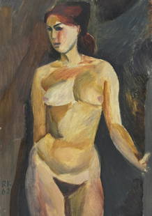 Raivo Korstnik (1932 – 1992): Seisev akt, 3/4 figuur. 1962. Õli. Papp. 50 x 35.1 cm. Raivo Korstniku kümnendi keskpaigaks väljakujunenud sürrealismihõnguline, intensiivse koloriidi ja kumavate vormideg