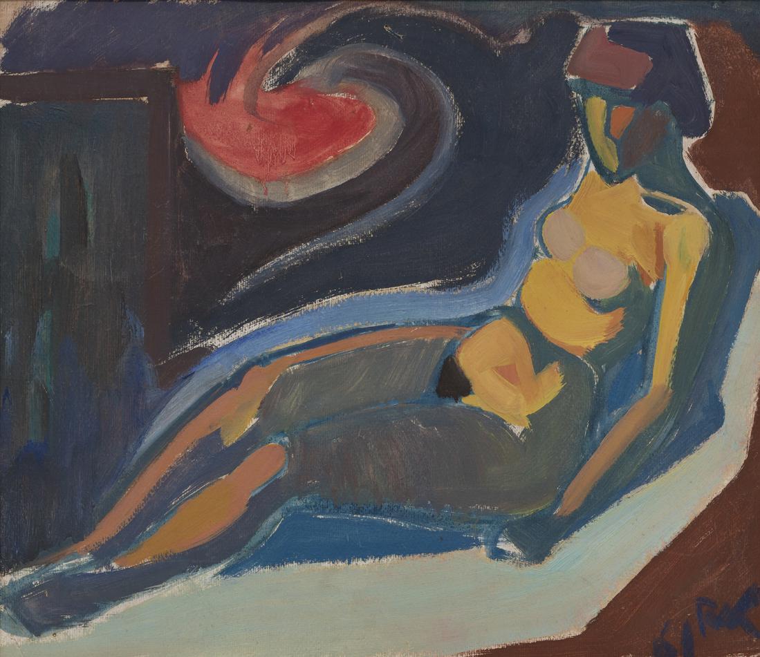 Raivo Korstnik (1932 – 1992): Nõjatuv naisakt.1961. Tempera. Papp. 51 x 58 cm. 1957. aastal ERKI maali alal lõpetanud Raivo Korstnik hakkas näitustel kiiresti tähelepanu äratama geometriseeriva ja k&uu
