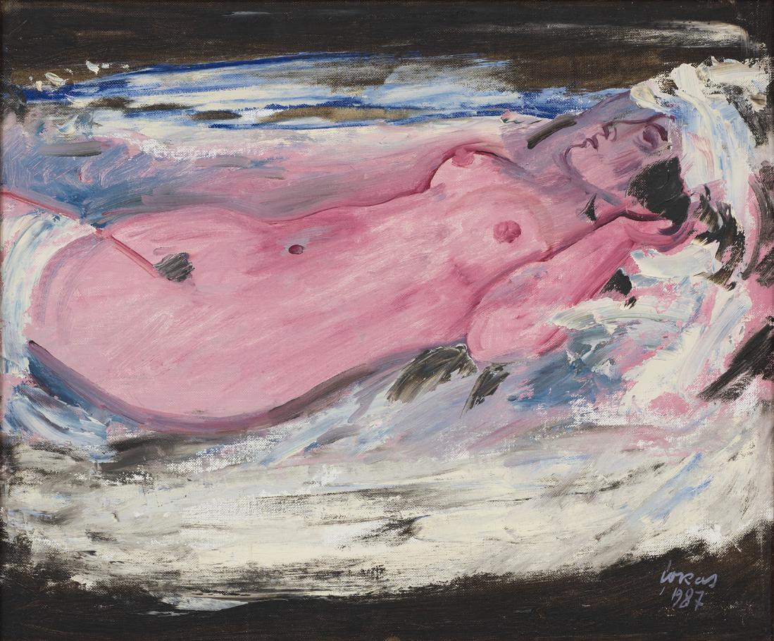 Evald Okas (1915 – 2011): Akt. Lamav jaapanlanna. 1987. Õli. Lõuend papil. 46 x 55 cm. Aktide joonistamiseks-maalimiseks sellises formaadis Okas modelli loomulikult ei vajanud. Käesolevale aktile on ta teinu