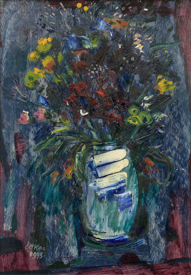 Evald Okas (1915 – 2011): Lilled. 1993. Õli. Kartong. 35 x 25 cm. Sellised spontaanselt valminud juhutööd kätkevad endas kunstniku isikupära ja maalilist espriid, nagu suuredki teosed. Võiboll