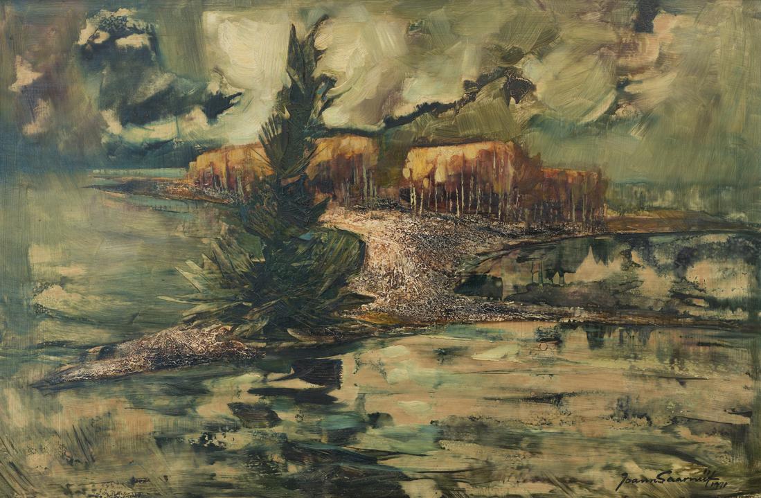 Joann Voldemar Saarniit (1909 – 1984): Oma saar. 1971. Õli. Masoniit. 50.3 x 75.8 cm. Huvitav maaliline nägemus Gustav Suitsu luuletuse teemal, mille viisistas Mart Saar. All paremal: Joann Saarniit 1971, Pöördel kuns