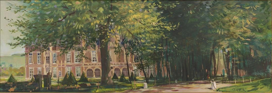 Rein Tammik (1947): Lossipark. Õli. Masoniit. 34 x 97.5 cm. 1980.aastate lõpust Normandias elavat R.Tammikut paelus klassikaline maalipärand 1970-ndatelgi, nii et tema hilisema loomelaadi traditionalis