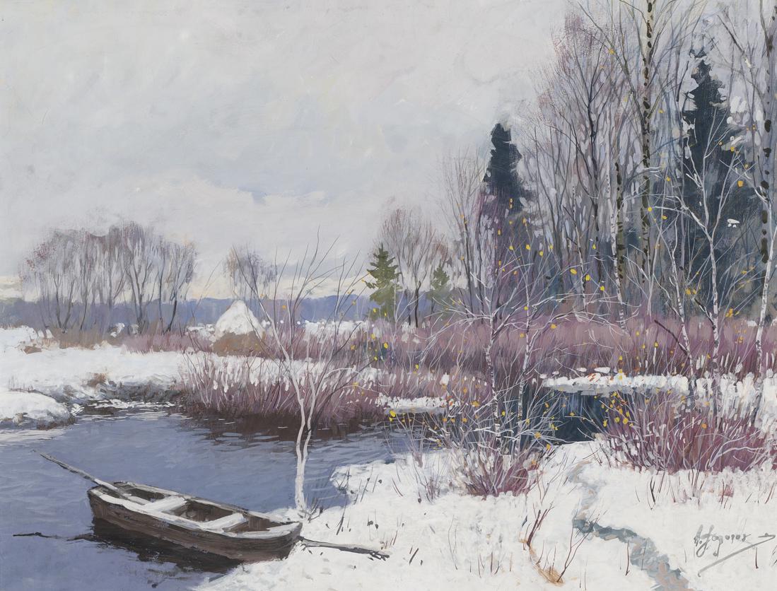 Andrei Jegorov (1878 – 1954): Talvemaastik jõega. 1930.aastad. Guašš. Paber. Vm 36.2 x 47.2 cm., Üks suuremaid maastikke sellel motiivil ja selles tehnikas. Küllaltki haruldane, peaaegu kalligraafiline sig
