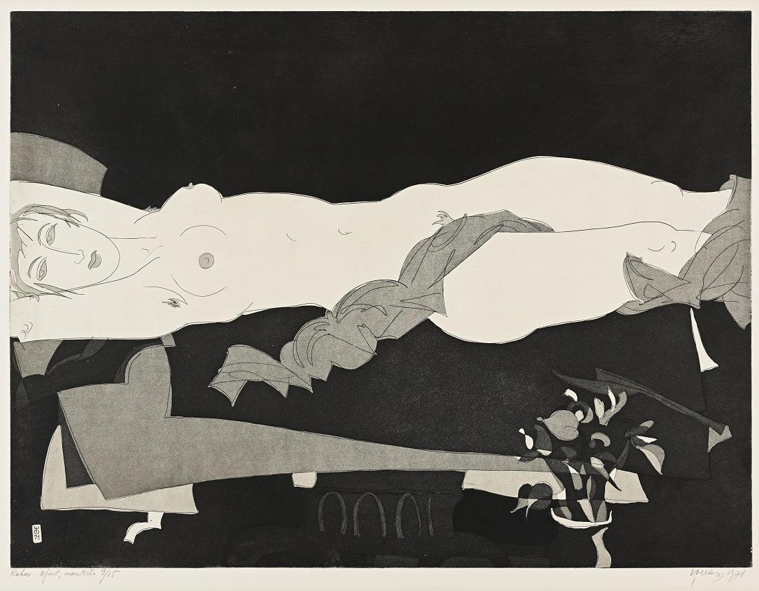 Evald Okas (1915 – 2011): Rahu.1971. Ofort. Akvatinta. Lm 60 x 76.5 cm, Plm 48.7 x 64.6 cm. Teos oli eksponeeritud 1971. aasta septembris Tallinna II graafikatriennaalil koos aktigravüüridega „Hele ja tume̶