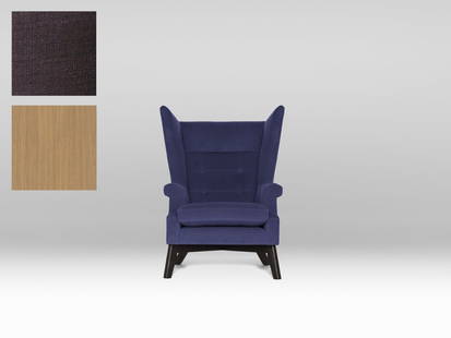 Lia Chair - Aubergine Fabric / Oak Legs: A Danish-inspired wingback chair, this designs sharp edges create a contrast with its exceptional comfort. Retail value: $5,200. This Lia Chair is being auctioned in an aubergine fabric with natural