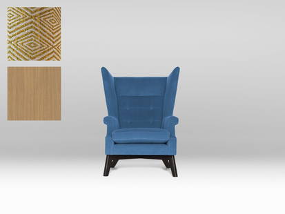 Lia Chair - Yellow Chevron Fabric / Oak Legs: A Danish-inspired wingback chair, this designs sharp edges create a contrast with its exceptional comfort. 1 of 2 available. Retail value: $5,200. This Lia s being auctioned in a yellow chevron