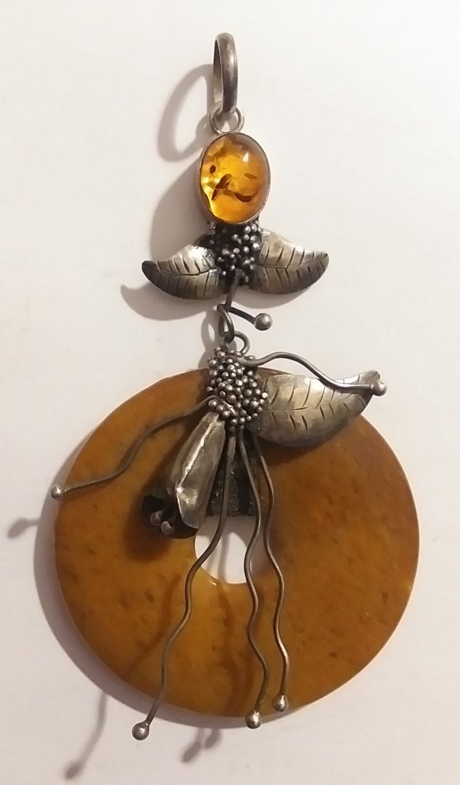 LARGE Sterling Silver Amber, and Sandstone pendant (1 of 3)