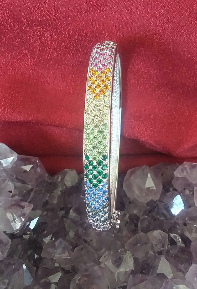 Sterling Silver Bangle bracelet Rainbow Colored Stones (1 of 3)