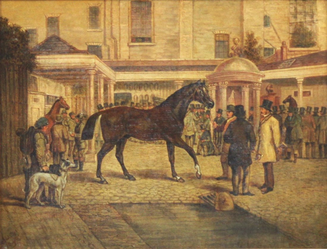 Alken, Samuel Henry Sale at Old Tattersalls: Samuel Henry Alken (British, 1810-1894) - Sale at Old Tattersalls. Oil on canvas. Inscribed verso: Sale at Old Tattersalls by H. Alken, 1842. Depicts the original Tattersalls location near Hyde Park C