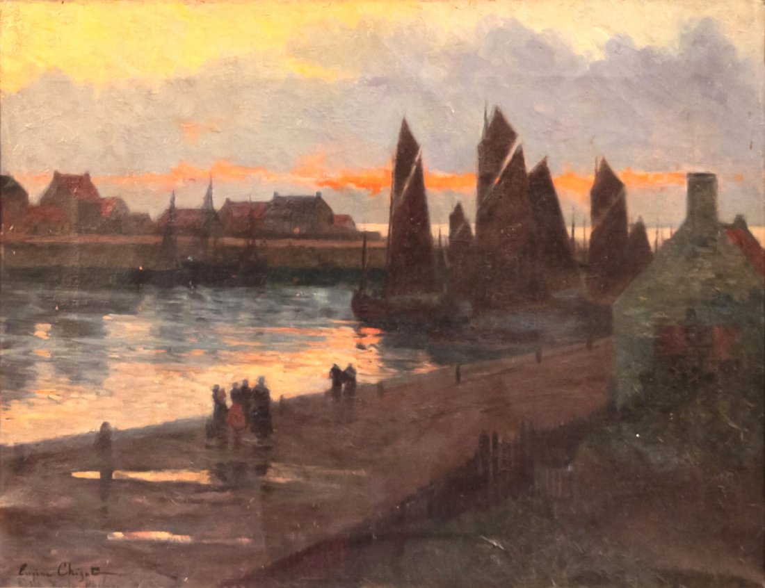 Chigot, Eugene - Sunset, Harbor Scene: Eugene Chigot (French, 1860-1927) - Sunset, Harbor Scene. Oil on Canvas. Signed.