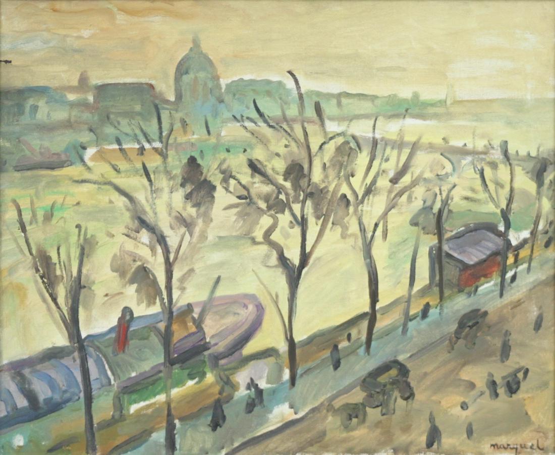 Marquet, Albert (After) - Along the Seine: After Albert Marquet (French, 1875-1947) - Along the Seine. Oil on canvas. Signed as Marquet. Albert Marquet was Matisse's roommate for a time while studying in Paris at the Ecole des Arts Decoratifs,