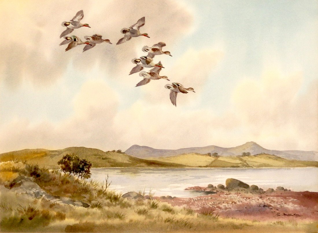 Milliken, R.W. Green-Winged Teals in Flight: R.W. Milliken (British, 20th Century) - Green-Winged Teals in Flight. Watercolor. Signed.