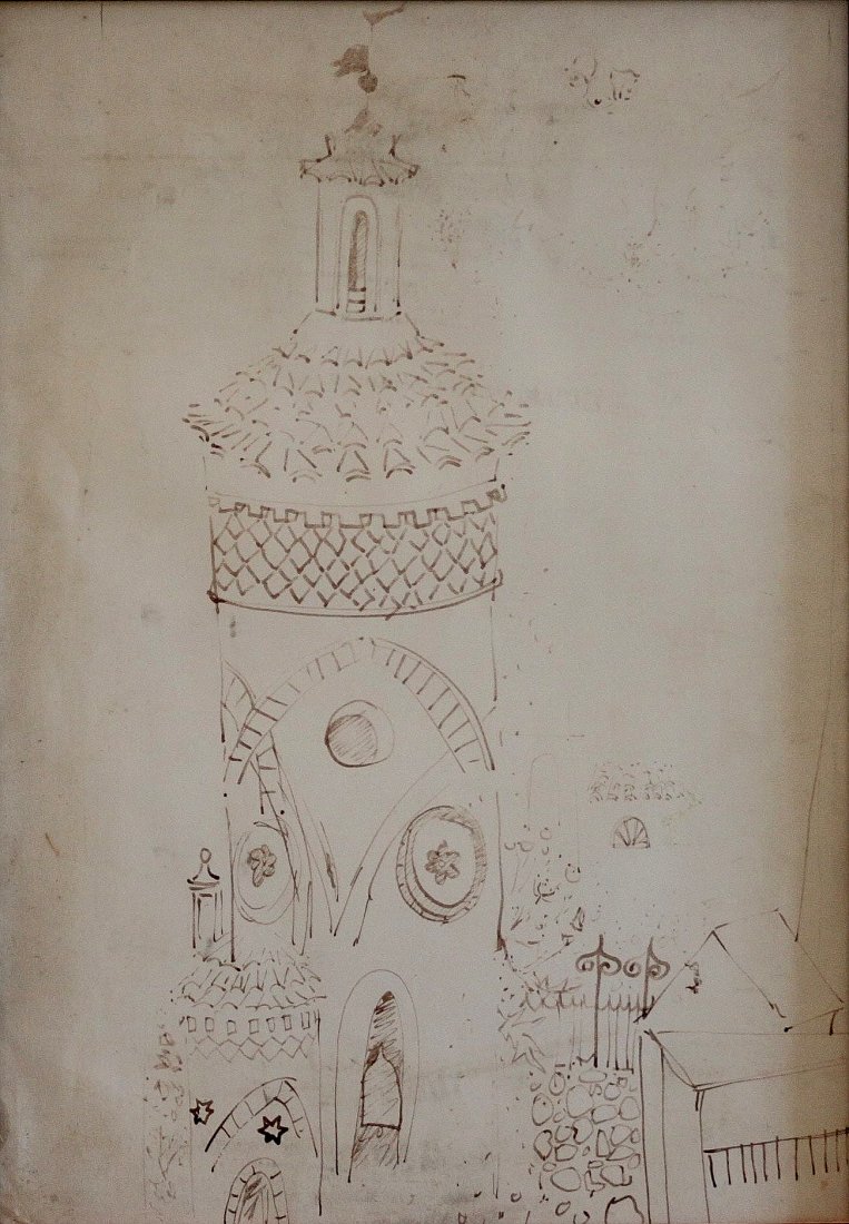 Faulkner, Henry - Tower Study, Castiglione, Sicily: Henry Faulkner (American, 1924-1981) - Tower Study, Castiglione, Sicily. Pen and Ink. Provenance: The Henry Faulkner Estate Sale conducted by Thompson and Riley, Lexington, Kentucky. The proceeds from