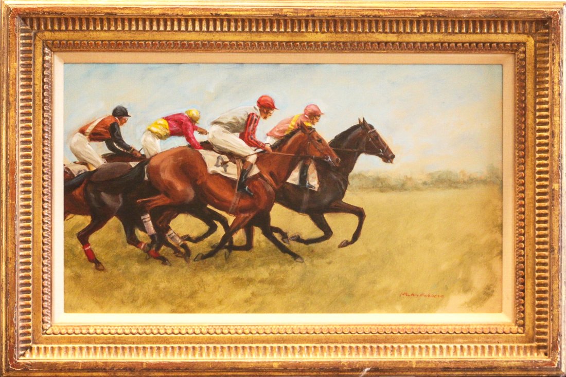Koehler, Henry - Steeplechasers Pressing On: Henry Koehler (American, 1927-2018) - Steeplechasers Pressing On. Oil on Canvas. Signed. Inscribed and dated verso 2007. Colors of: Mrs. Thomas H. Voss, Armata Stables, Sheila Williams, Jack Griswold.