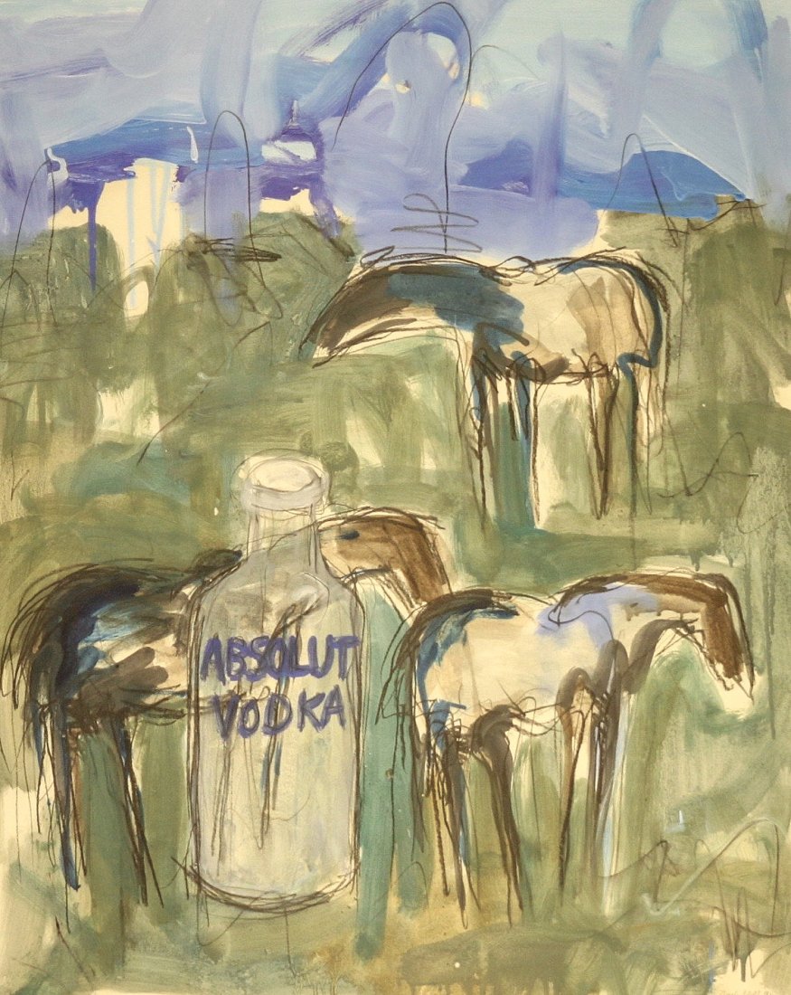 Waddell, Theodore - Absolut Waddell: Theodore Waddell (American, b. 1941) - Absolut Waddell. Watercolor, charcoal. Signed and dated '91.