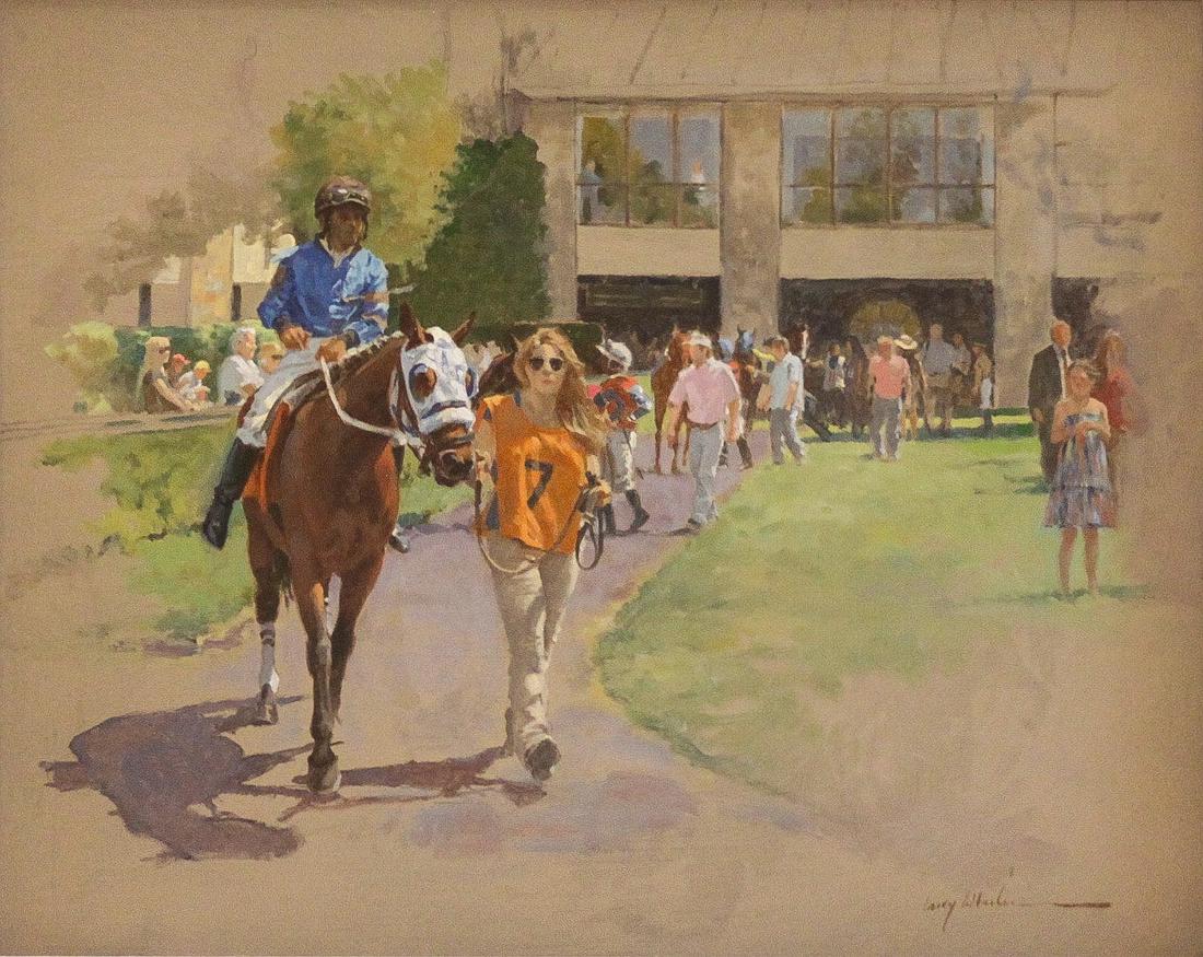 Wheeler, Larry - 7 Horse, Keeneland: Larry Wheeler (American, b. 1942) - 7 Horse, Jockey Up, Keeneland. Oil on board. Signed.