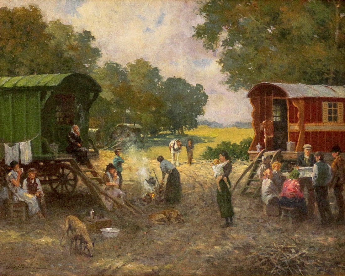Wheeler, Larry - Gypsy Camp: Larry Wheeler (American, b. 1942) - Gypsy Camp. Oil on canvas. Signed.