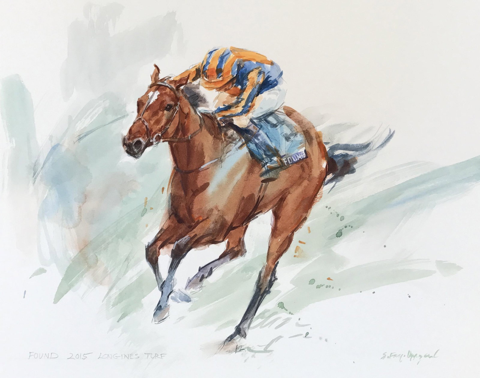 Oppegard, Sandra - Found: Sandra Oppegard (American, b. 1941) - Found, 2015 Longines Turf. Watercolor. Signed and inscribed.