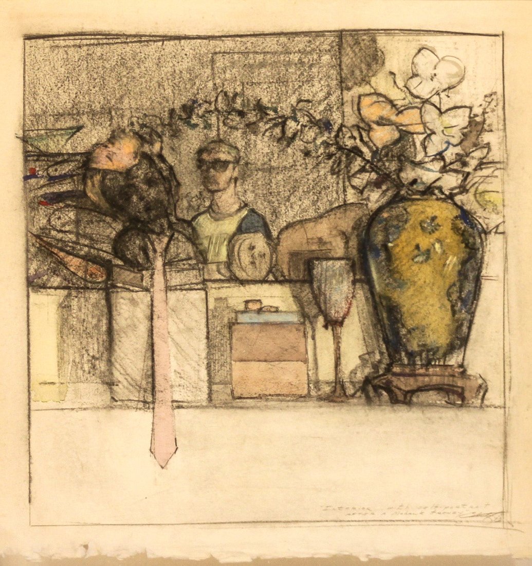 Claxton, George - Interior with Self-Portrait: George Claxton (American, 1947-1995) - Interior with Self-Portrait After a Mohawk Frenzy. Watercolor, pastel. Signed and inscribed.