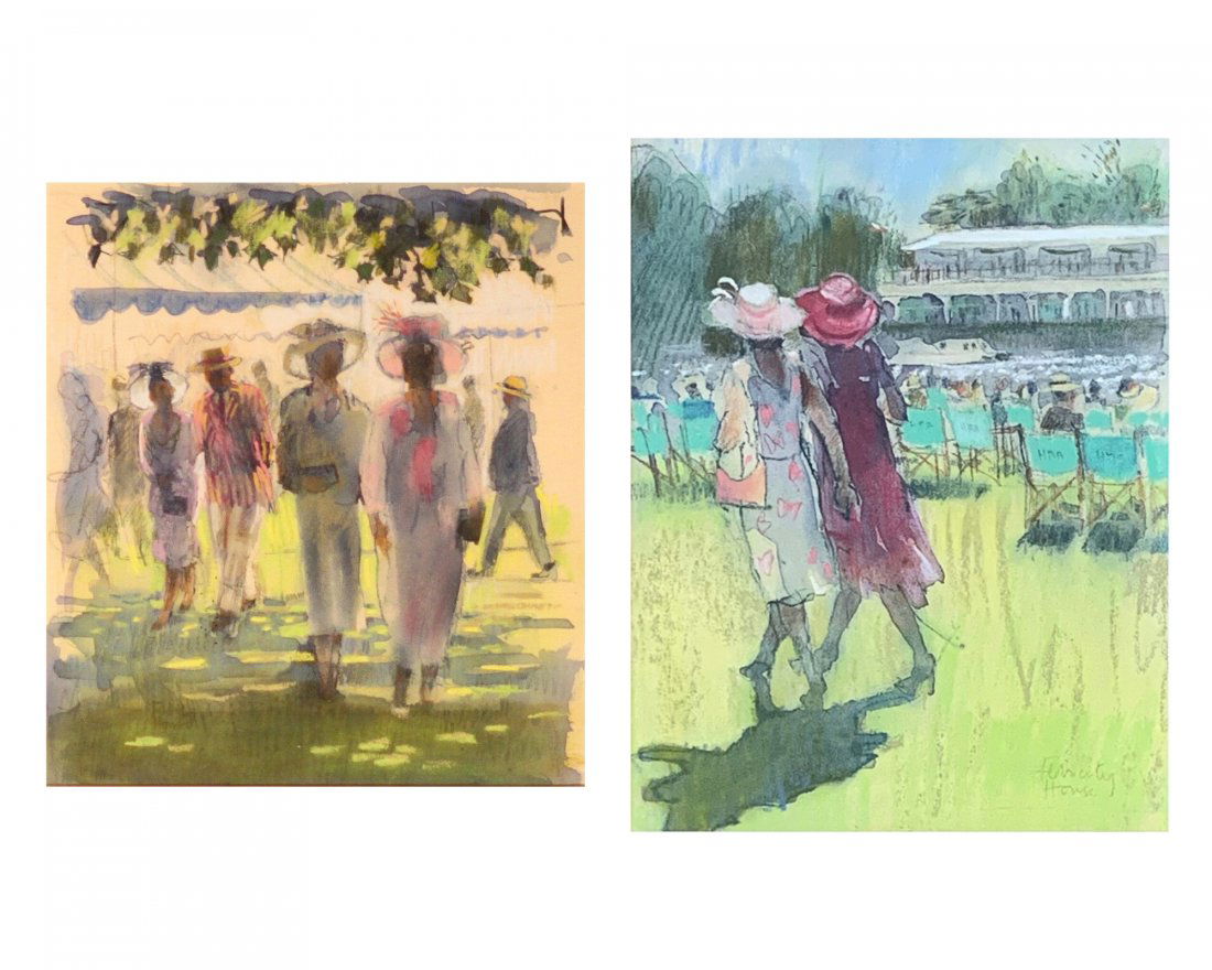 House, Felicity - Henley Ladies and Sunshine Shadows (A: Felicity House (British, Contemporary) - Henley Ladies; Sunshine Shadows (A Pair). Watercolor and pastel. Signed. Henley Ladies measures 9 1/2" x 7 1/2". Sunshine Shadows measures 10 1/2" x 9 1/2".