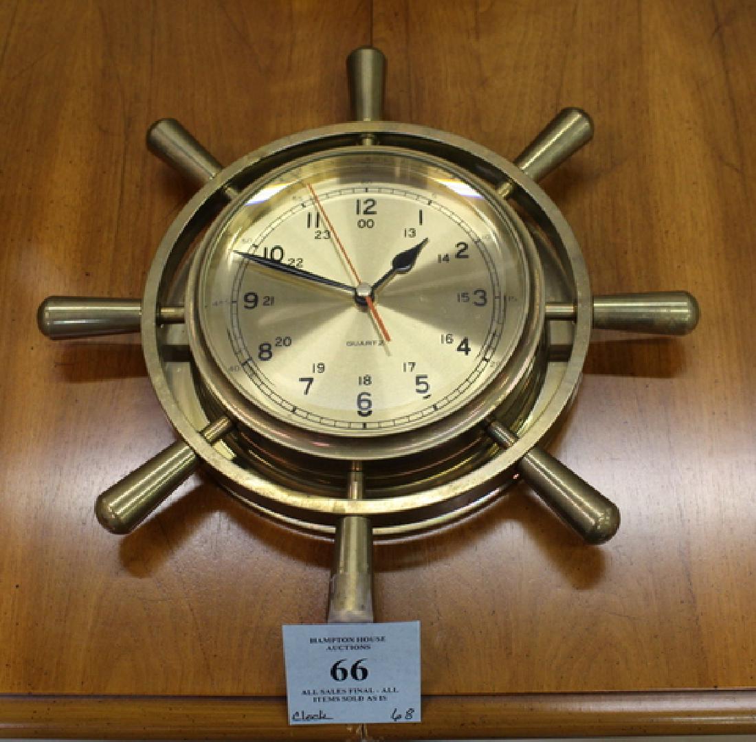 SOLID BRASS CASE SHIPS WHEEL QUARTZ CLOCK (1 of 3)