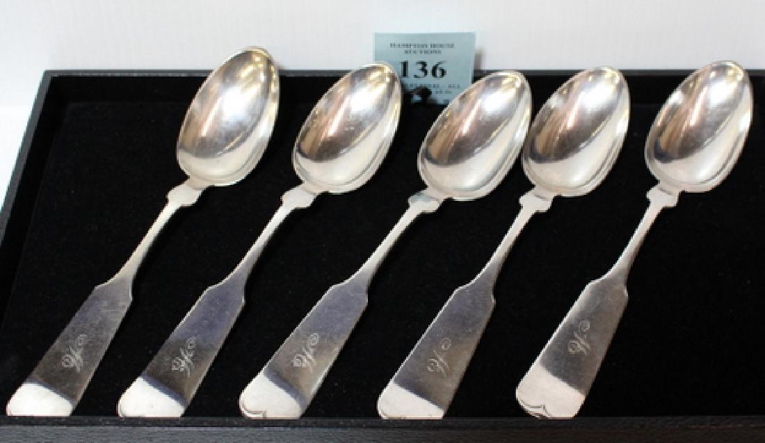 FIVE STERLING SERVING SPOONS: FIDDLE BACK DESIGN BY DUHME & CO, SINGLE MONOGRAM, WEIGHS 306 GM