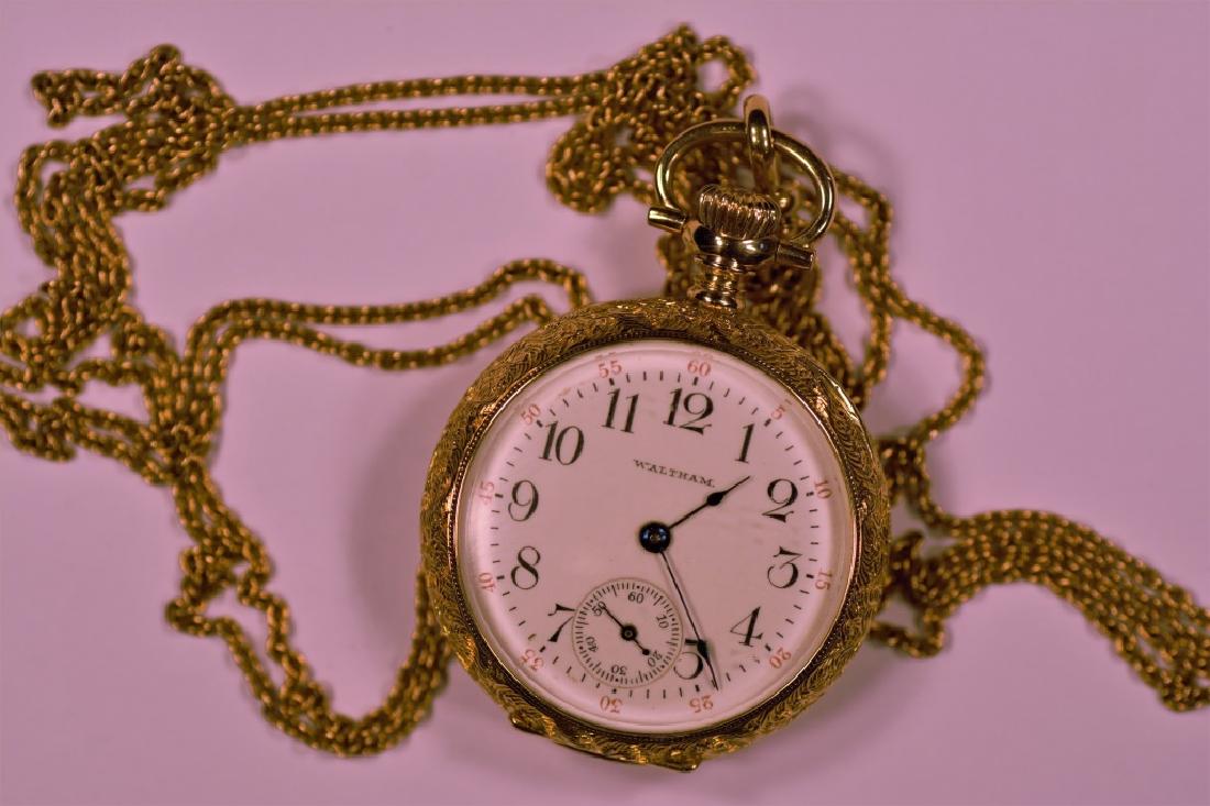 LADIES 14K WALTHAM POCKET WATCH & 14K CHAIN (1 of 10)