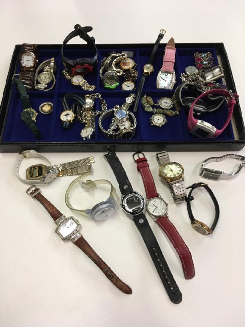 TRAY LOT OF WATCHES: Mostly ladies' fashion wrist watches - Timex, Anne Klein, Brighton, Polar, Pulsar, Armitron, Criterion plus more. 20+ watches