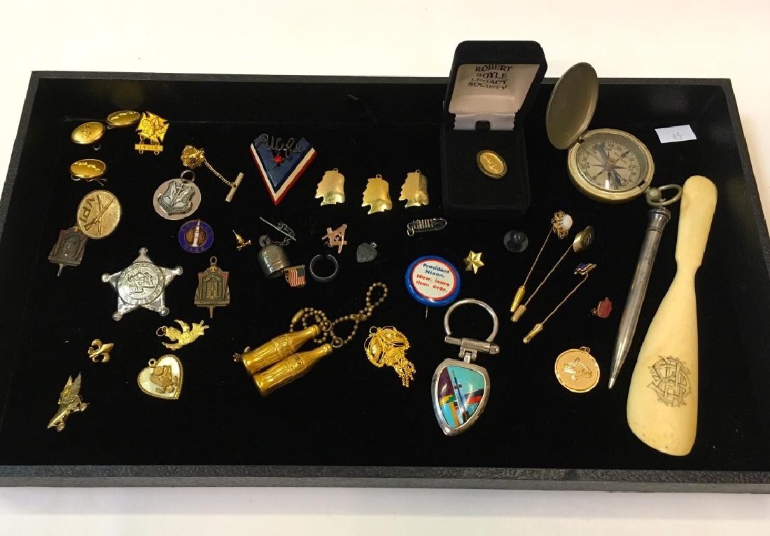 ASSORTED LOT OF VINTAGE & ANTIQUE ITEMS: Includes Wittnauer U.S. compass, antique bone engraved shoe horn, antique Wahl Ever chatelaine mechanical pencil, Coca Cola bottle keychains, Capri 1944 bell, VPI pin & pendant, NASA Apollo pin, Tacti