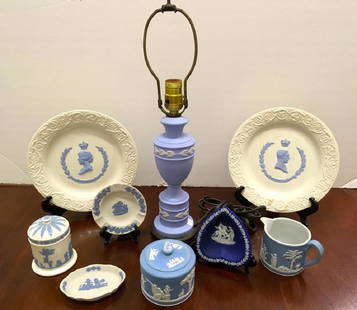 NINE PCS OF JASPERWARE & QUEEN'S WARE: Wedgwood includes - embossed Queen's Ware 1937 Queen Elizabeth & King George VI plates, jasperware (dishes, creamer, lidded sugar, ashtray) plus jasperware lamp (no markings found).