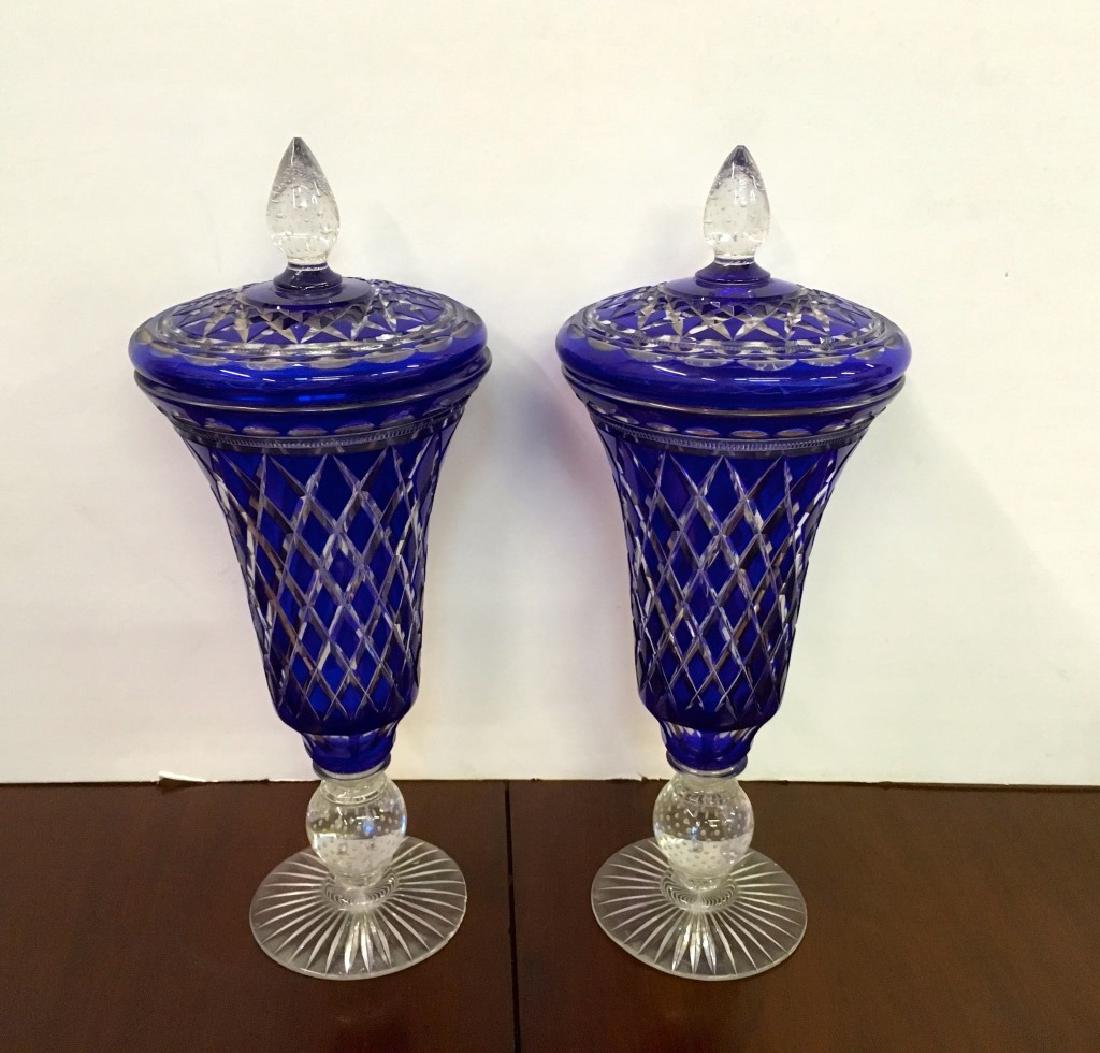 COBALT CUT TO CLEAR BOHEMIAN GLASS LIDDED URNS (1 of 7)