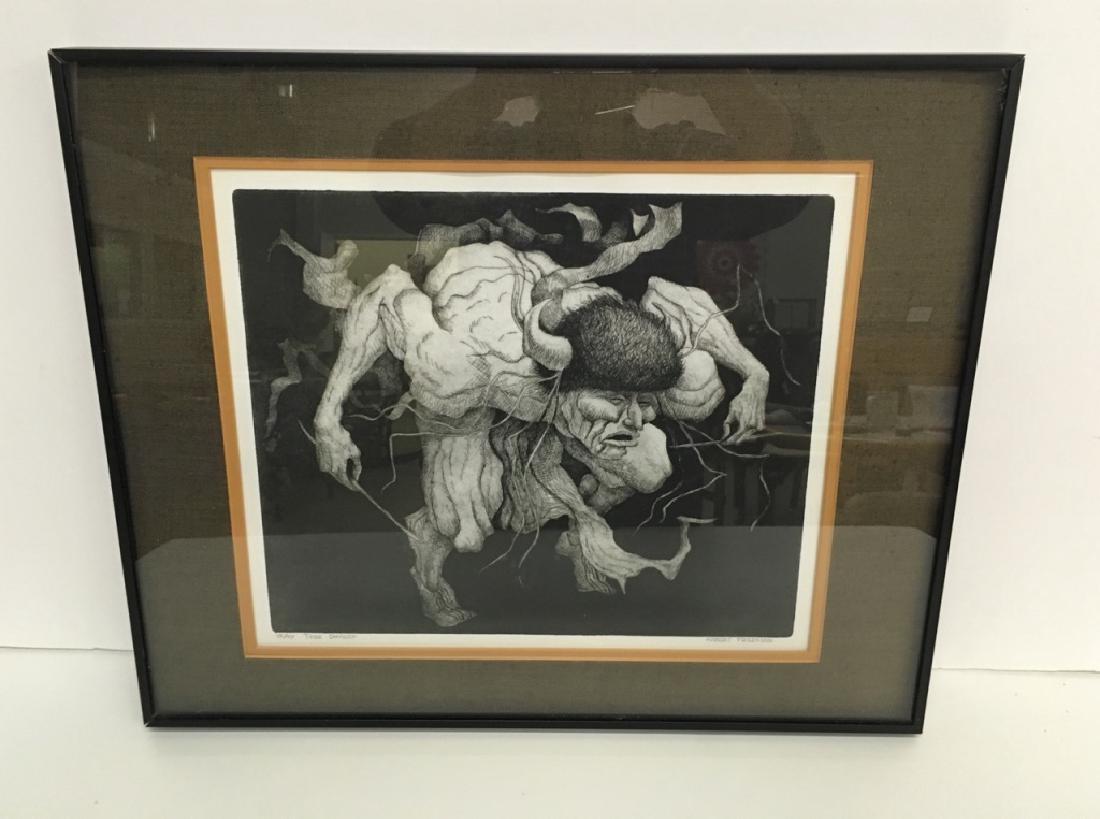 FRAMED ARTWORK BY ROBERT FREEMAN: Titled "Tree Dancer", signed Robert Freeman, framed etching #15/97 - art measures 14.5" x 12.5" - Robert Freeman was born on the Rincon Indian Reservation in 1939. He is Hunkpapa Sioux and Luiseno. In