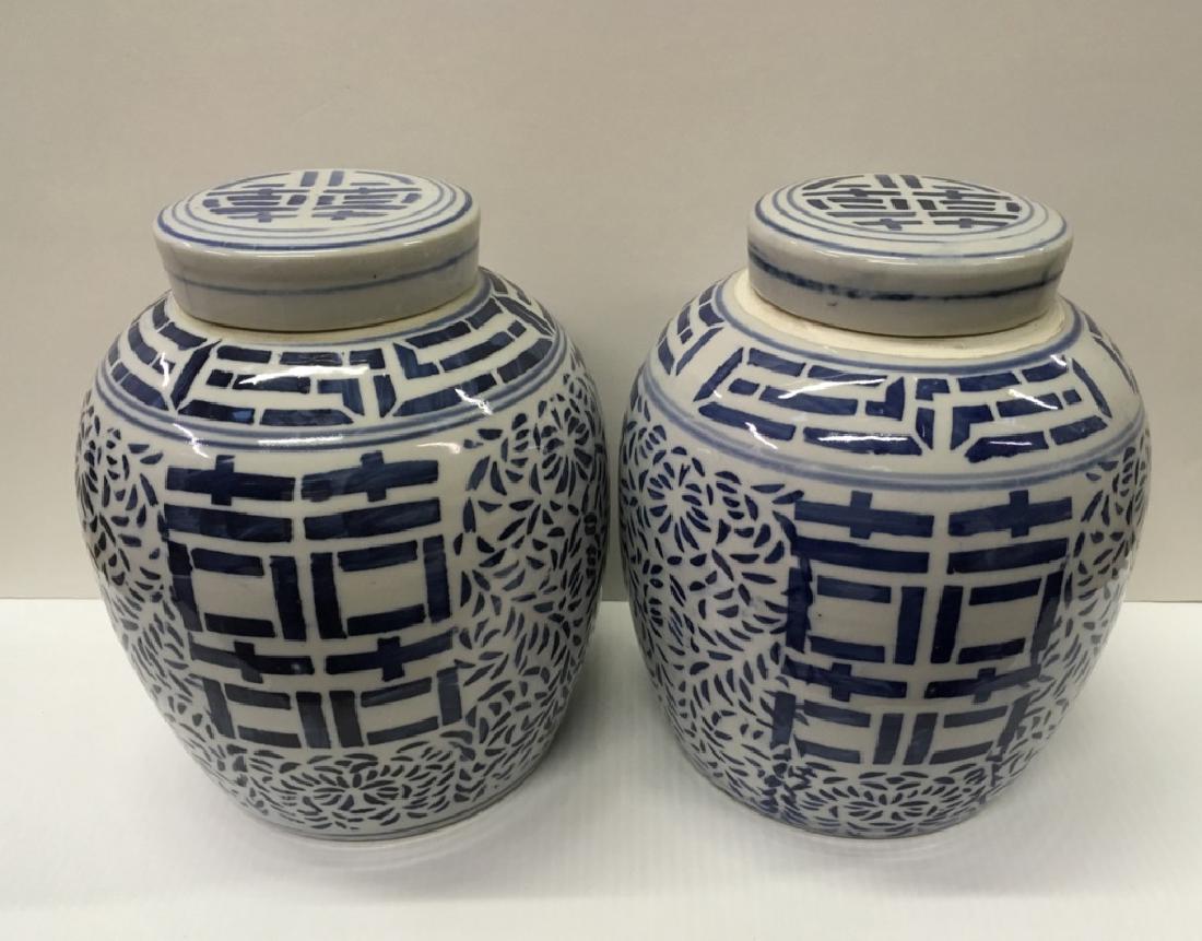 TWO CHINESE BLUE & WHITE LIDDED GINGER JARS (1 of 4)