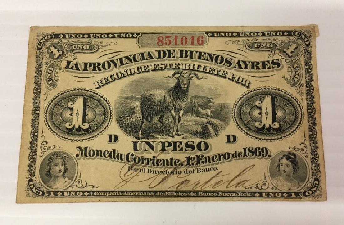 ARGENTINA 1869 LA PROVINCIA DE BUENOS AYRES 1 PESO: FOLDS AND SOME GLUE ON BACK IN CORNERS