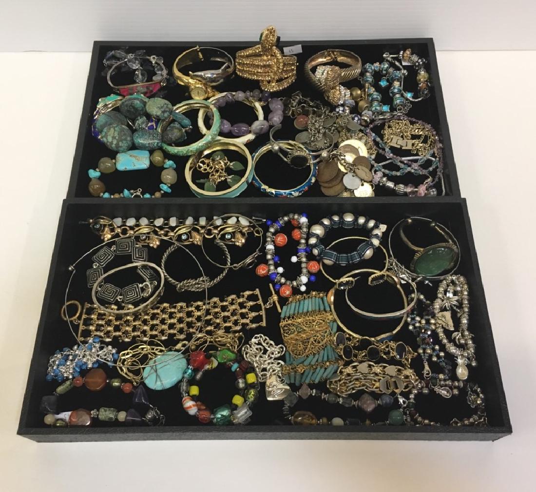 ASSORTED PCS OF COSTUME JEWELRY: Mostly bracelets (bangles, chains, charms, cuffs).