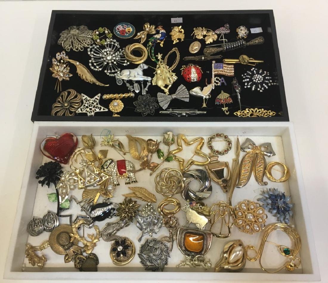 LARGE ASSORTMENT OF COSTUME JEWELRY PINS: Many vintage - AAI, Monet, Best, AK, Sarah Coventry, Napier, Coro, Giovanni, Wells, Italy mosaic, JJ, etc.
