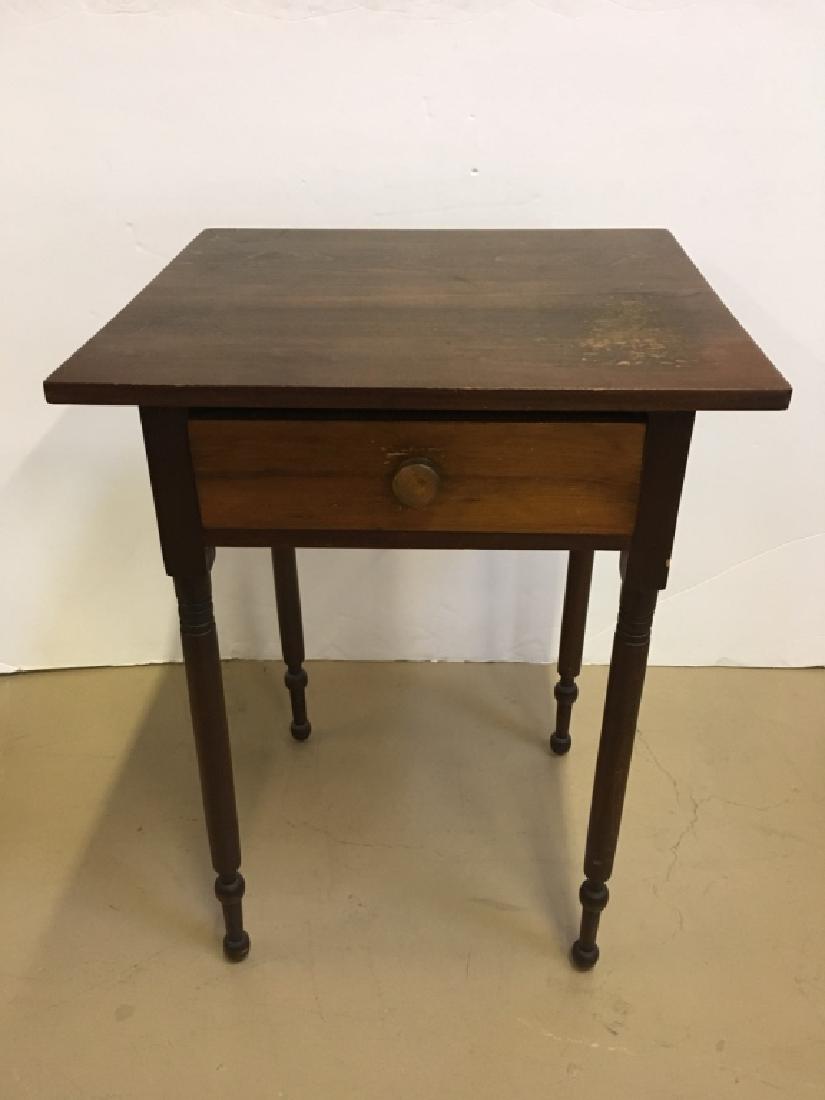 PRIMITIVE ONE DRAWER WORK TABLE: Hand hewn drawer & dovetails - measures 21.5" w x 20" d x 29.75" h. Some finish loss on top.