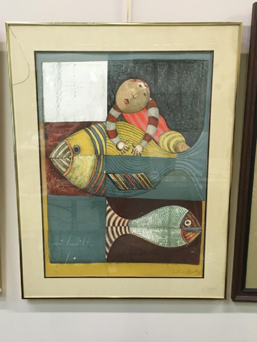 FRAMED LITHOGRAPH BY GRACIELA RODO BOULANGER: Bolivian artist Graciela Rodo Boulanger (1935 La Paz) - signed & numbered 105/200 - "Pisces" from the "Zodiac Suite" - 28.25" w x 36.5" h (sight 21.25" w x 29.5" h) - water damage to mat, glass crack