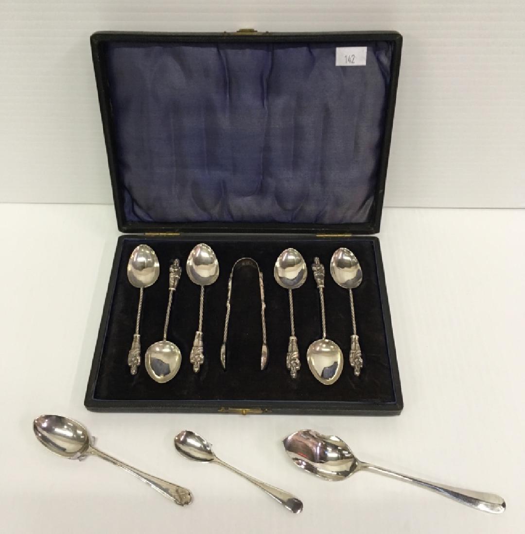 10 PCS OF BRITISH HALLMARKED STERLING FLATWARE: 7 pc demitasse set in box Birmingham England 1903 by T. H. Hazelwood & Co - 54g, 3 3/8" spoon London 1905 by William Hutton & Sons - 6g, 5.25" cheese scoop Sheffield 1908 by Robert Mosely - 22g & 4 3/