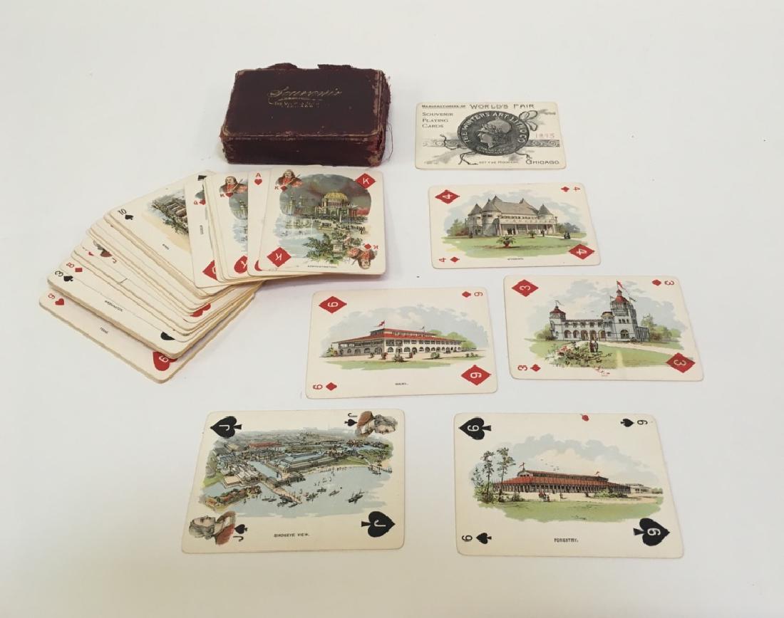 1893 WORLD'S FAIR SOUVENIR PLAYING CARDS IN CASE: "Columbian Exposition" mfr'd by the Winters Art Litho Co. Chicago - complete set - case shows wear (see pic). The date of 1893 has been hand written in red pen on title card.