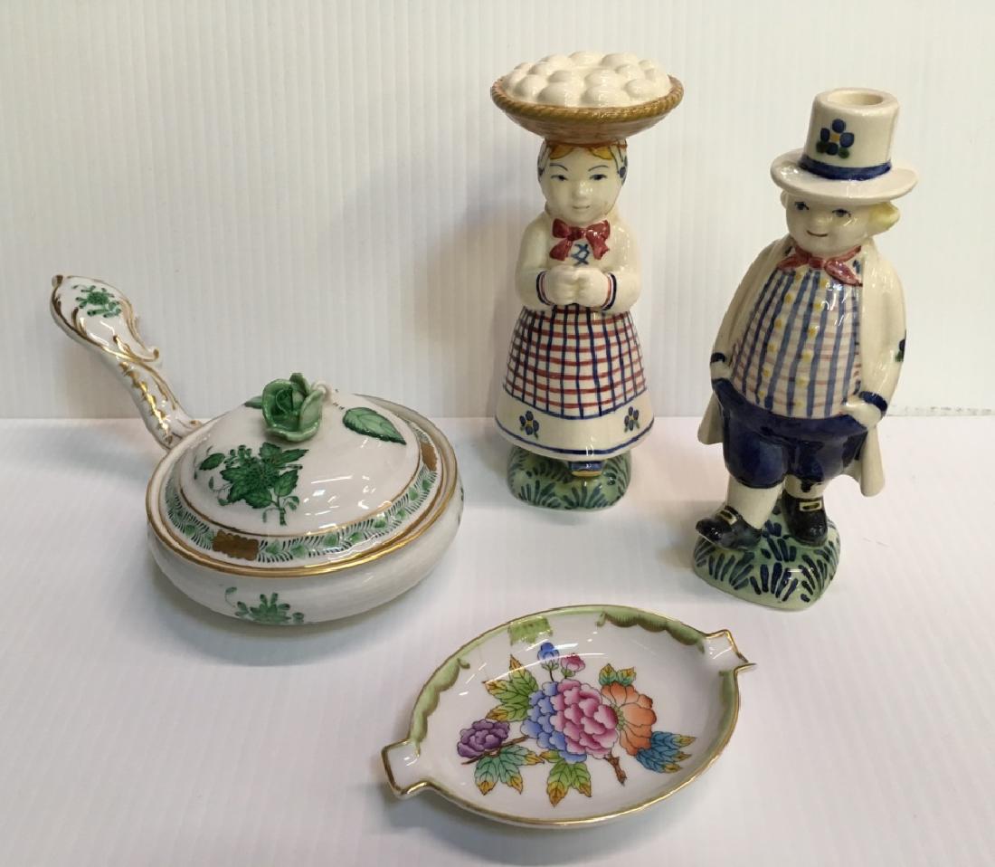 FOUR PCS OF ROYAL COPENHAGEN ALUMINIA & HEREND: Royal Copenhagen Aluminia Faience Denmark figural candlesticks signed Bo Kristiansen - 6.25", Herend Chinese Bouquet Green patty pan with lid 738./AV - 7.5" l x 3" h & Herend Queen Victoria 7784 VBO a
