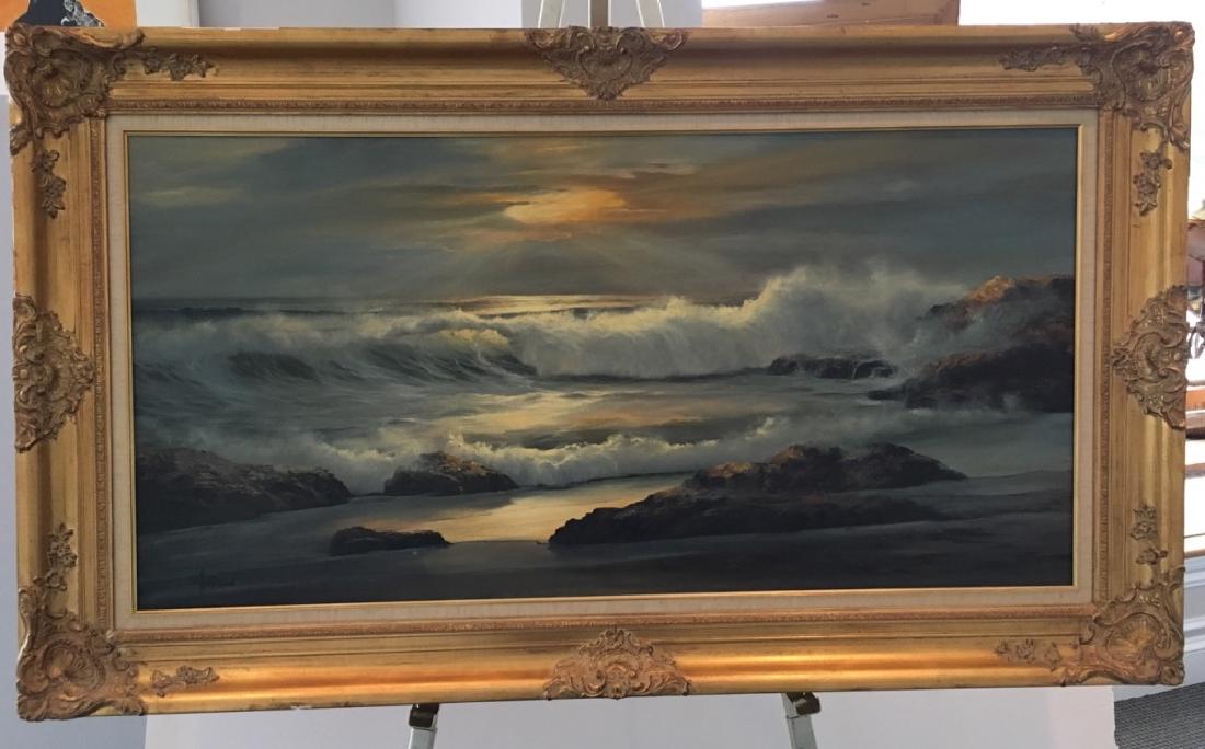 LARGE OIL ON CANVAS SEASCAPE BY WILLIAM HOFFMAN: Signed William Hoffman (American - Montana), gold leaf frame - 57 7.8" w x 34" h (sight - 47.5" w x 23.5" h