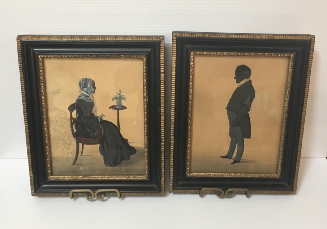 TWO 19TH C HAND PAINTED PAPER CUT SILHOUETTES: Antique hand painted on paper lady & gentleman silhouettes 10 1/2" w x 12 3/4" h in antique frames - lady picture has mildew.