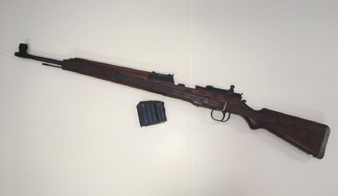 WWII ERA GEWEHR 43 SEMI-AUTOMATIC RIFLE: Several markings - incised "9289" & German marks on the stock, "ac G43 9289" on the receiver, all serial #s match - leather sling & cartridge. Used 1943-1945 during WWII by German Democratic Republic,