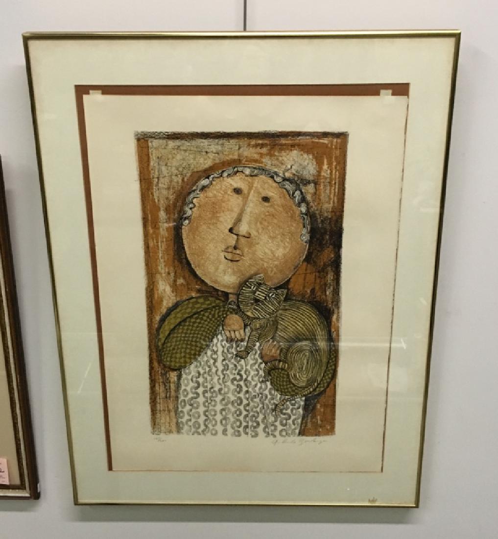 FRAMED LITHOGRAPH BY GRACIELA RODO BOULANGER: Bolivian artist Graciela Rodo Boulanger (1935 La Paz) - signed & numbered 195/200 or possibly 145/200 - Girl with Cat - 28.25" w x 37" h (sight 21.75" w x 29.75" h) - water damage to mat.