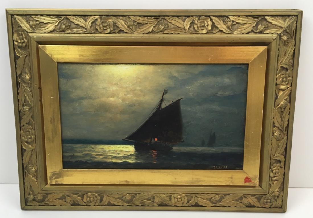 FRAMED OIL ON CANVAS - SIGNED J. G. TYLER: Framed oil on canvas - sailing in the moonlight signed J. G. Tyler (James Gale Tyler American 1855-1931) 18" l x 13" h (sight 11.5" l x 6.75" w) - very good condition - James Gale Tyler was born in Os