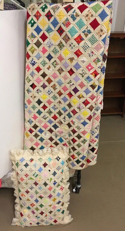 VINTAGE HANDMADE CATHEDRAL WINDOW QUILT & PILLOW (1 of 3)